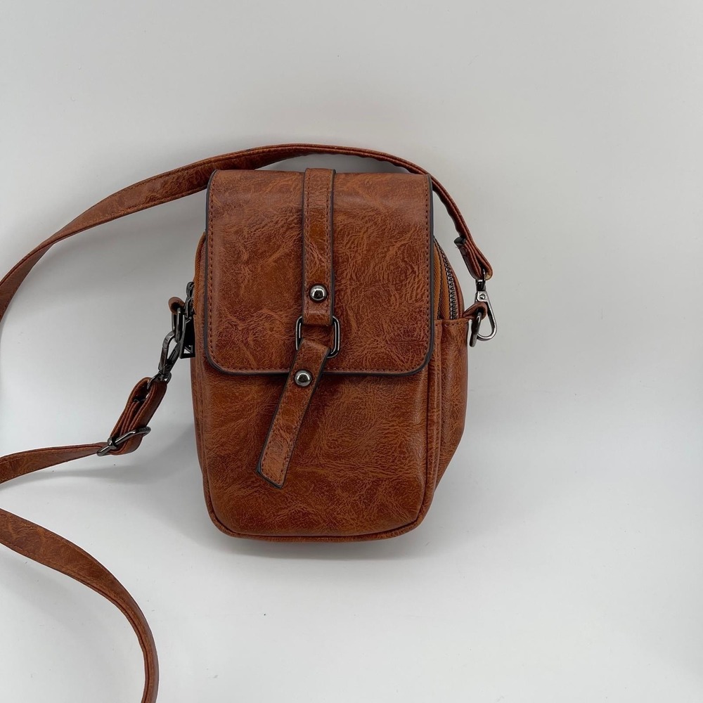 Brown Vegan Leather Crossbody Bag Small Travel Pouch with Zippered Compartments